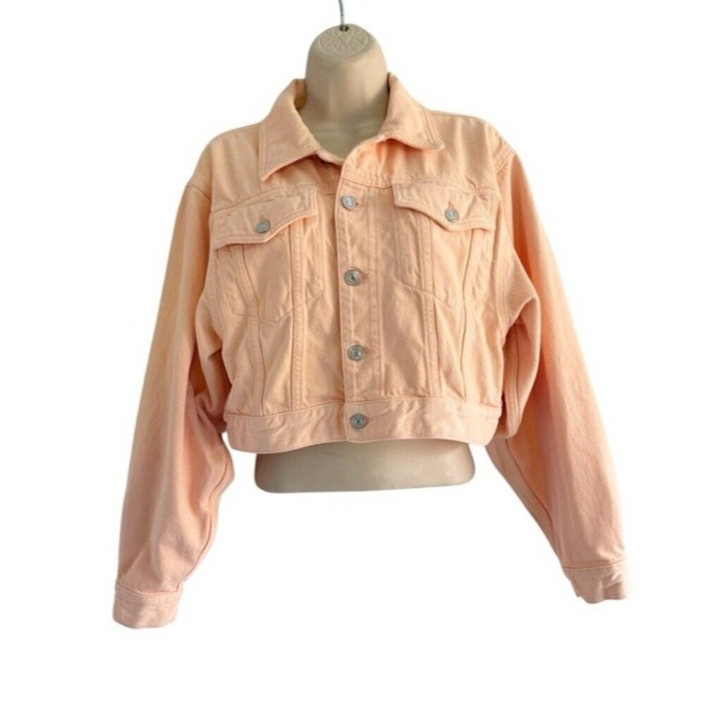 7 For All Mankind Women's Sz S Oli Cropped Trucker Jacket Light Orange "Petal"